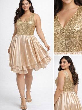 Gold Sequin V-Neck Mini Dress with Satin Tiered Skirt